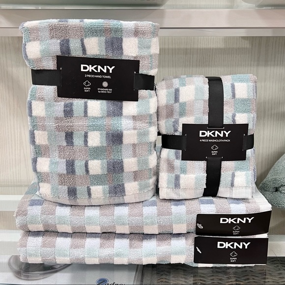 Dkny Bath 8 Pc Dkny Millie Stripe Gray Aqua Mint Blue Squares Towel